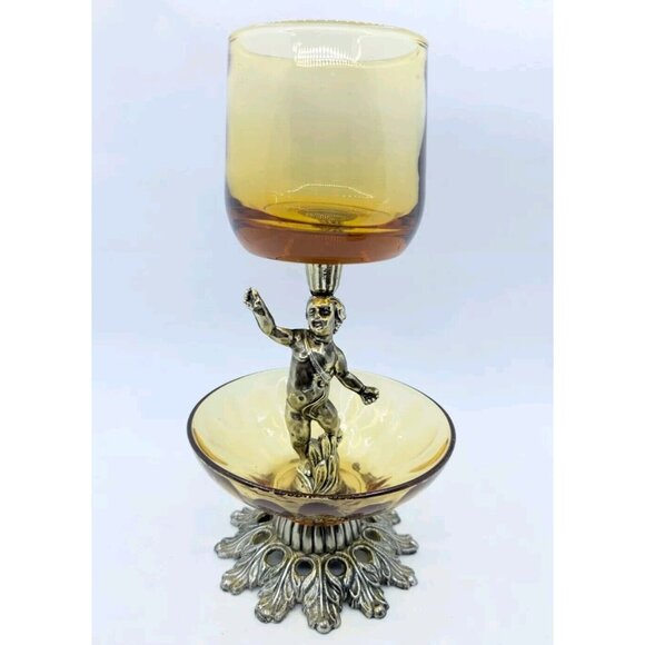 Metal Tone Amber Glass Two Tier Angel Cupid Cherub Candle Candy Tidbit Libbey? - Picture 1 of 16